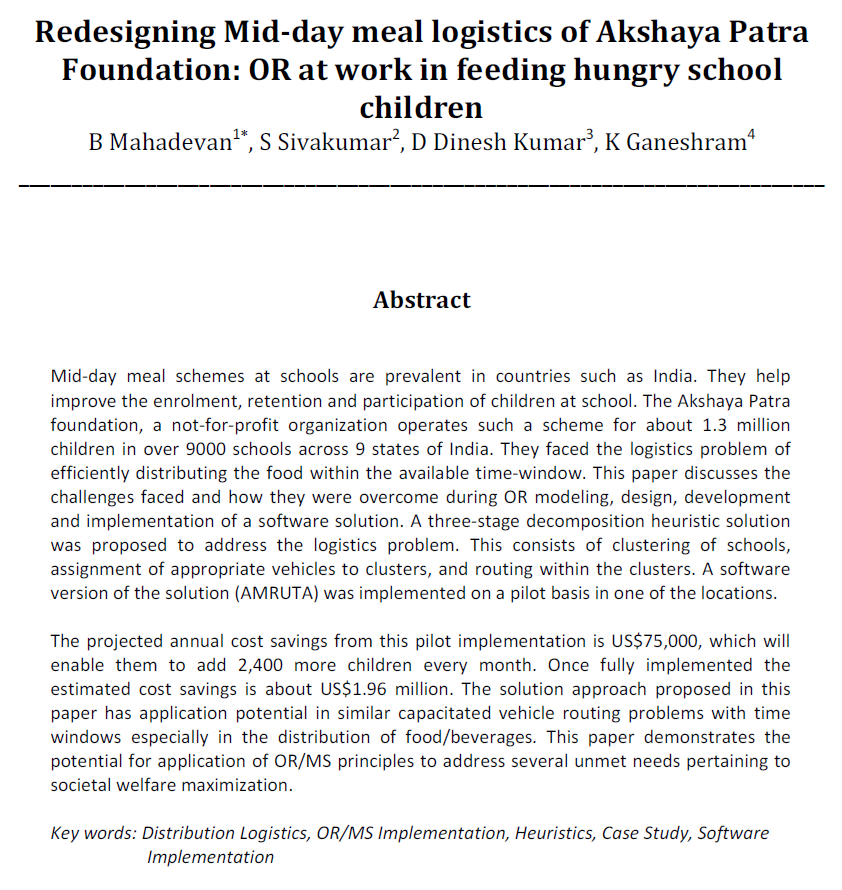 Operations Research paper on Mid day meal logistics